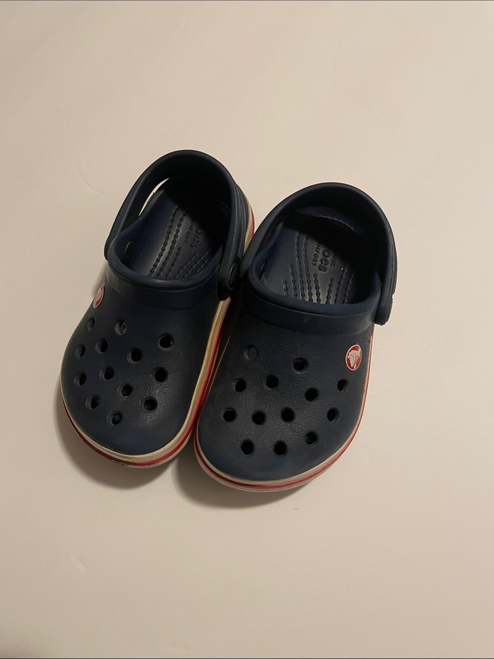 CROCS Kids Navy Clogs with Red and White Trim